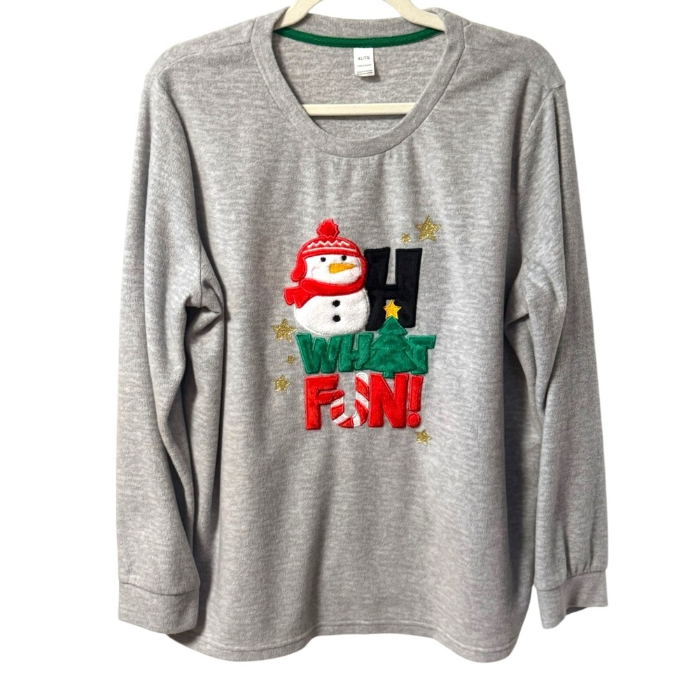 Women’s Fuzzy Christmas Top Oh What Fun Grey XL Soft Festive Snowman Holiday